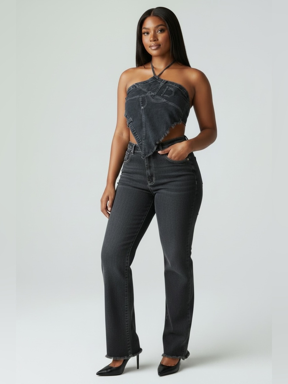 Fashion Nova Halter Top and High-Rise Straight Leg Jean Set in Charcoal Black - Picture 2 of 6